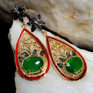 Sterling Silver 925/18K Gold Earrings Genuine Onyx Diamond Studs Unique Jewelry